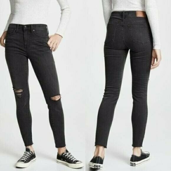 Madewell Denim - Madewell 9 Inch High Rise Skinny Jeans in Black Sea Knee Holes